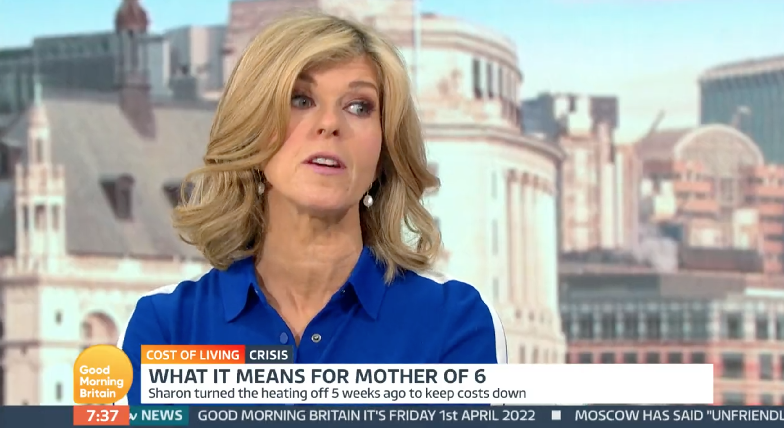 Kate Garraway on GMB wearing a blue shirt