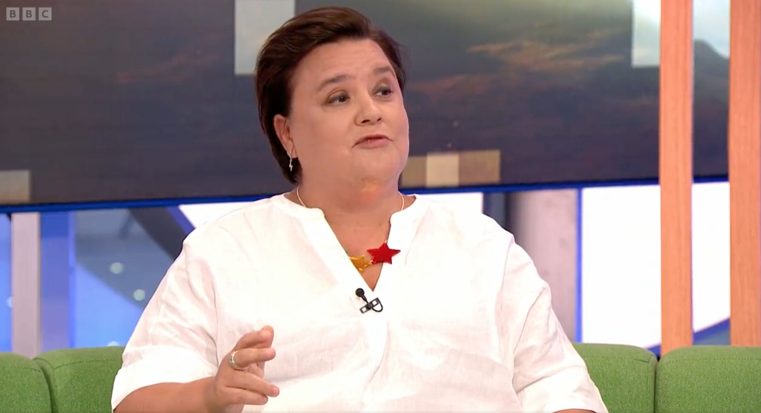 Cruising with Susan Calman star Susan in a white top