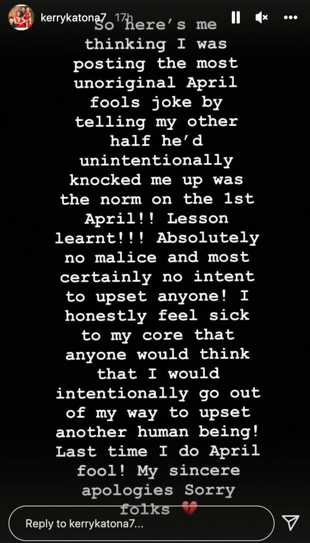 Kerry Katona makes her apology on Instagram for April Fools' Day hoax