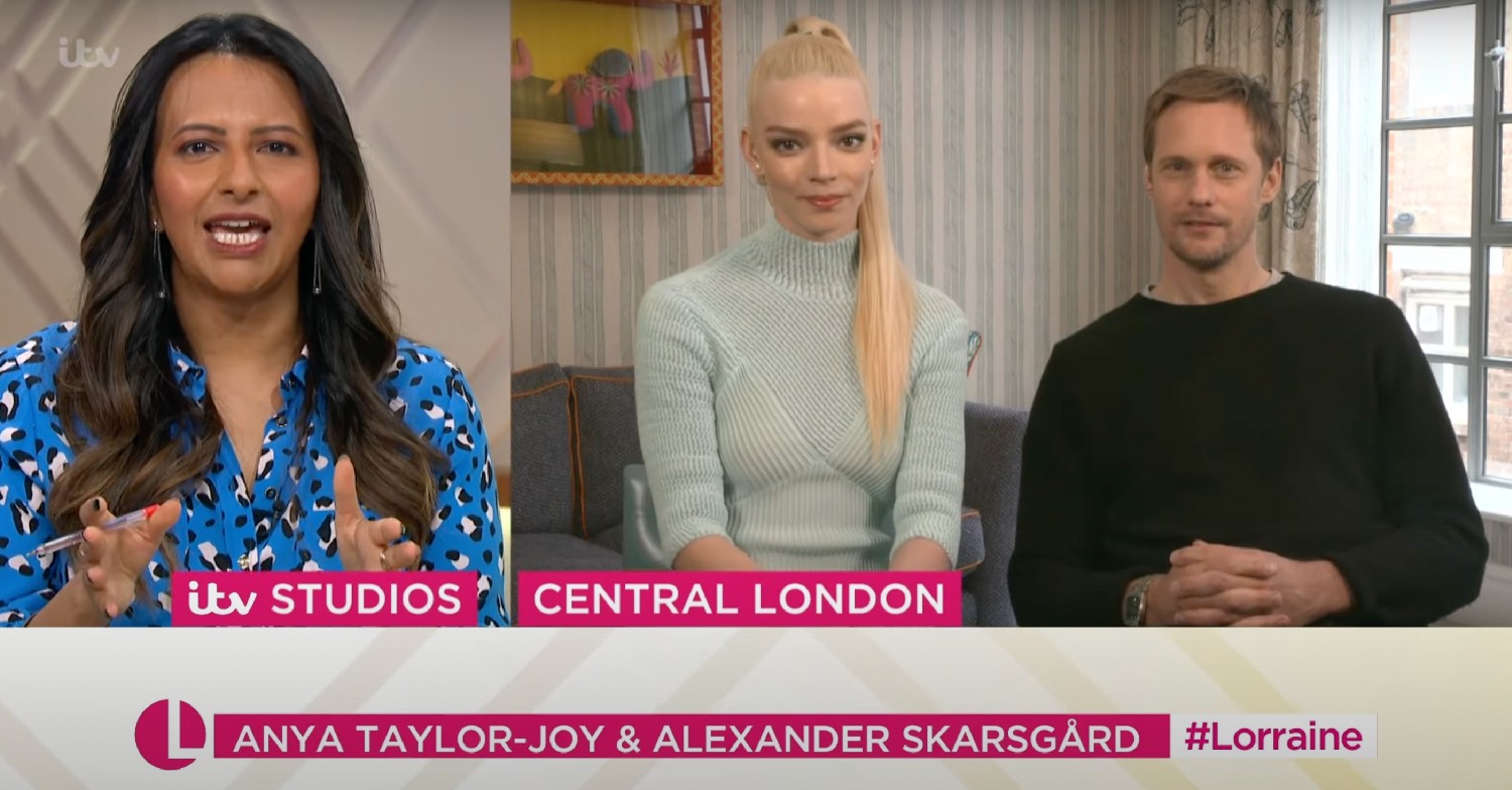 Ranvir Singh speaking to Anya Taylor-Joy and Alexander Skarsgard on Lorraine on April 5, 2021