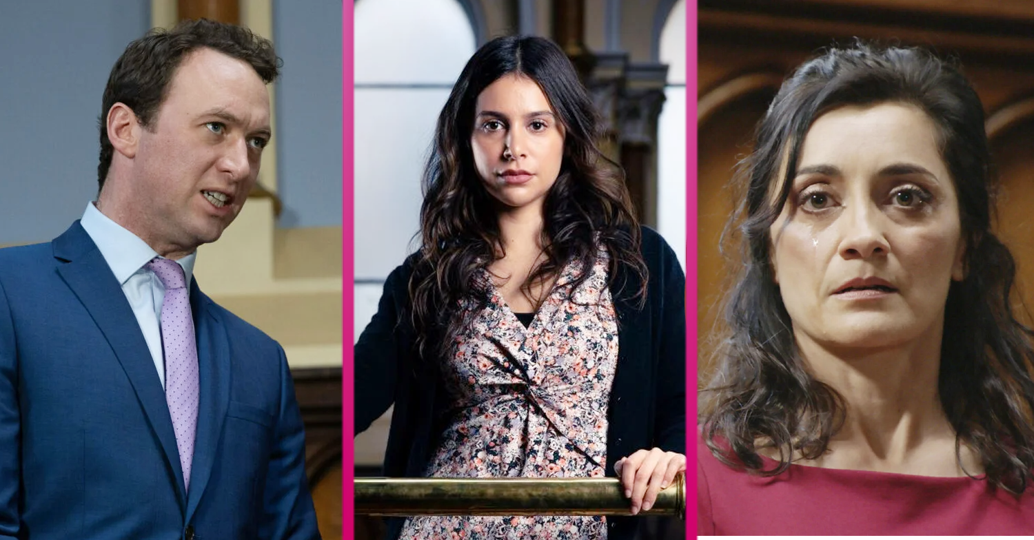 Emmerdale characters Liam Meena and Manpreet in court for Meena's trial