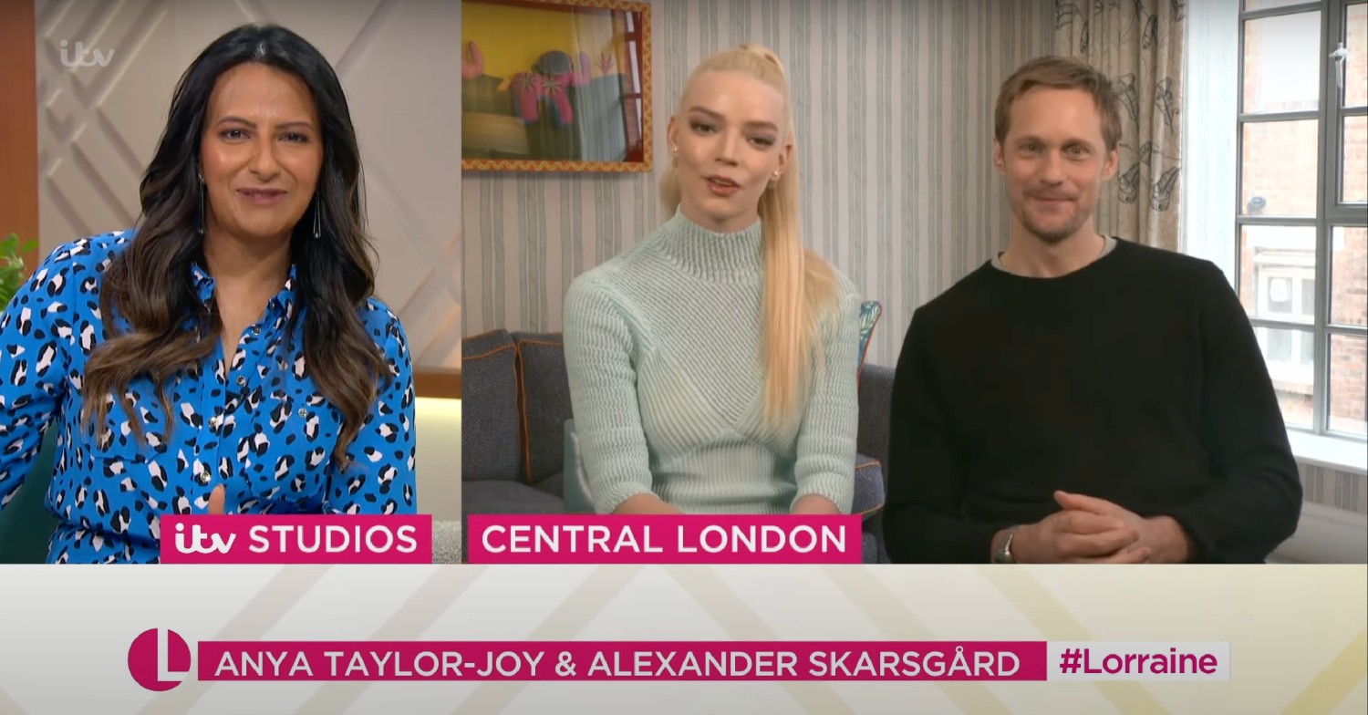 Ranvir Singh speaking to Anya Taylor-Joy and Alexander Skarsgard on Lorraine on April 5, 2021