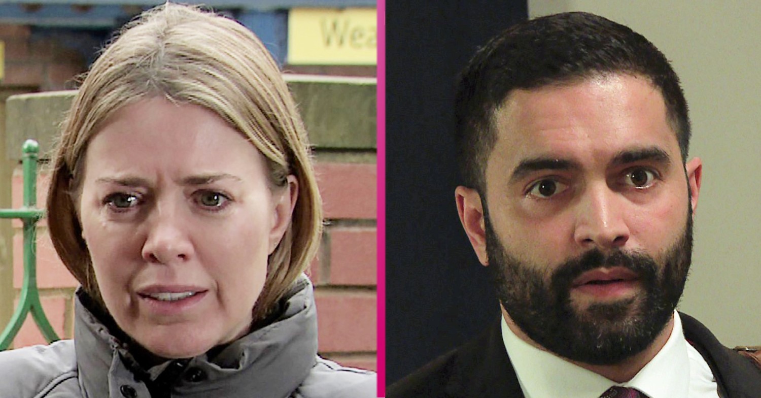 Abi Franklin and Imran Habeeb looking concerned in Coronation Street