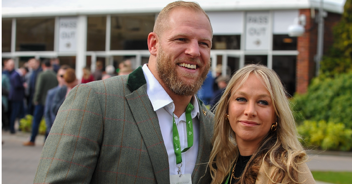 Chloe Madeley and James Haskell posing outside for a paparazzi pic