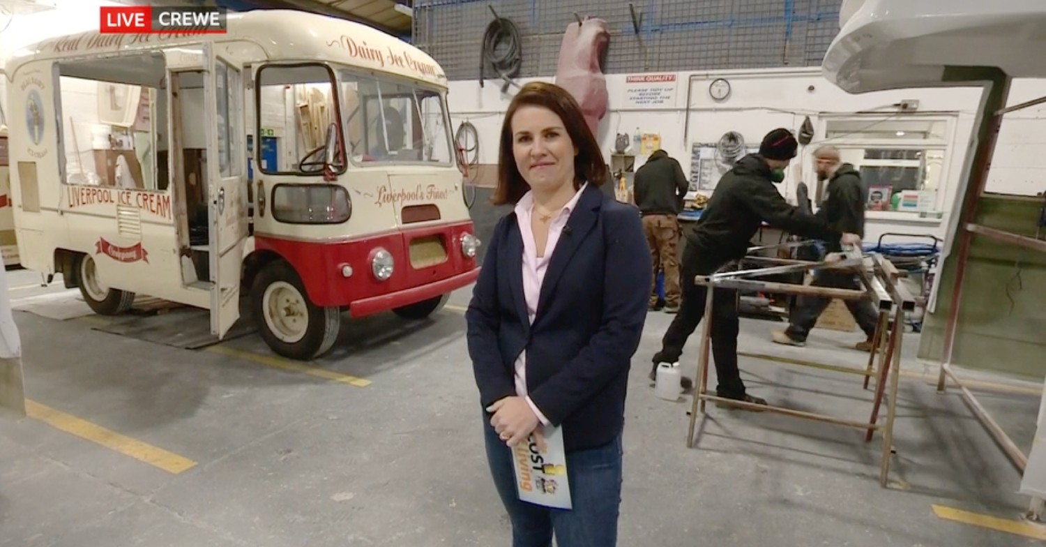 BBC Breakfast presenter Nina Warhurst in a factory, with an ice cream van behind her