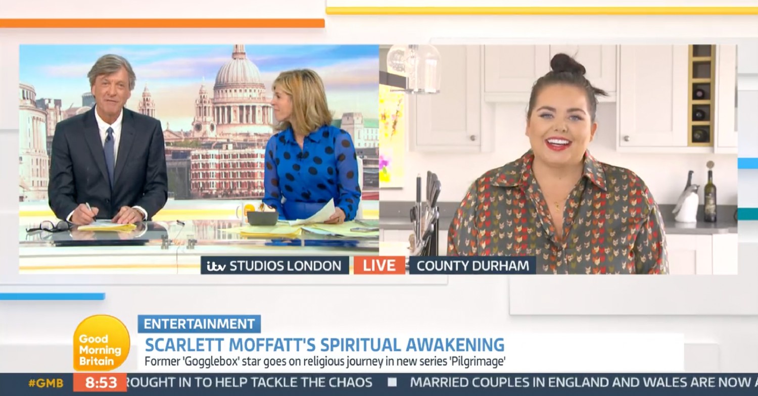 Richard Madeley and Kate Garraway speaking to Scarlett Moffatt via video link on Good Morning Britain