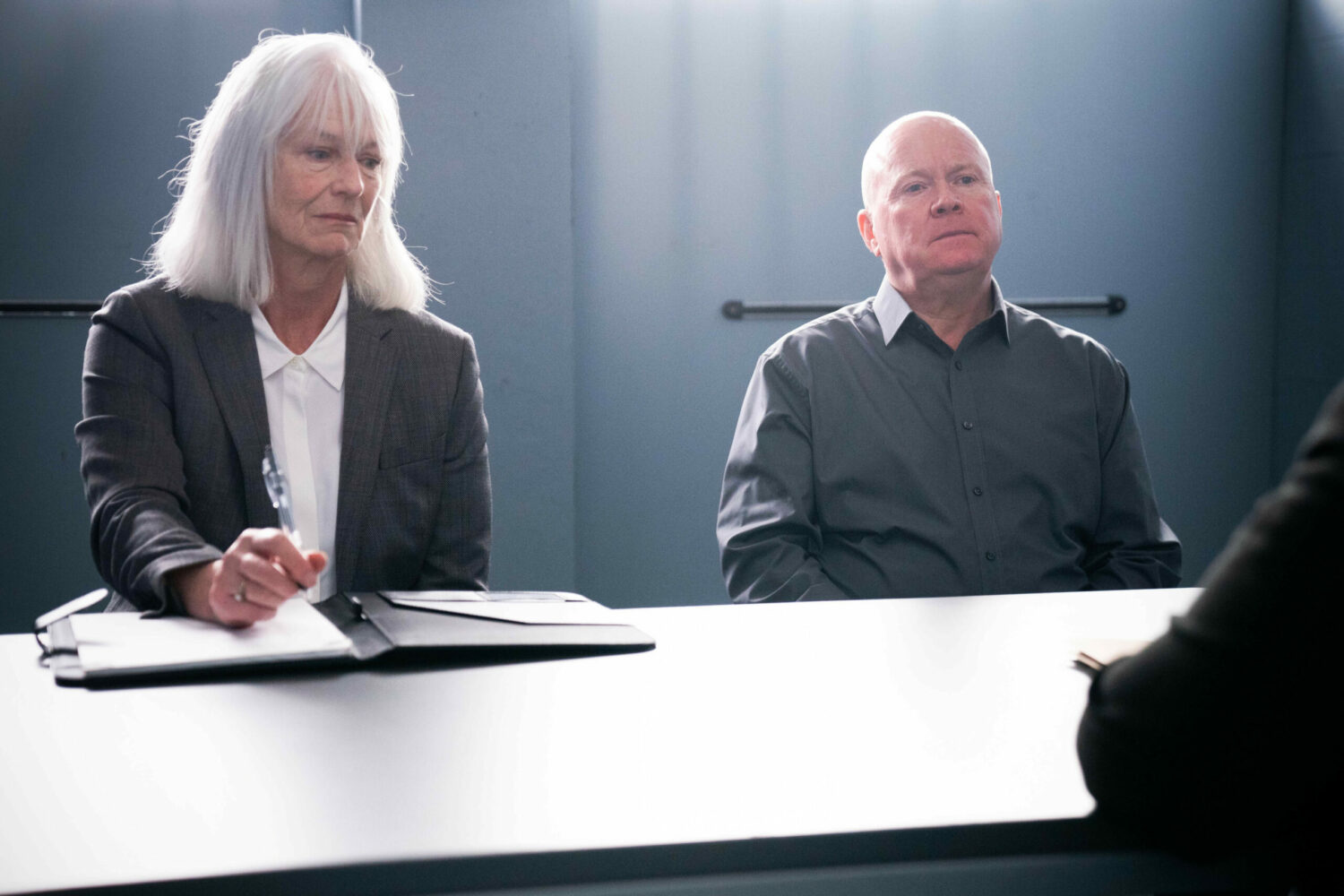 Ritchie Scott looks annoyed as Phil Mitchell looks defiant in police questioning