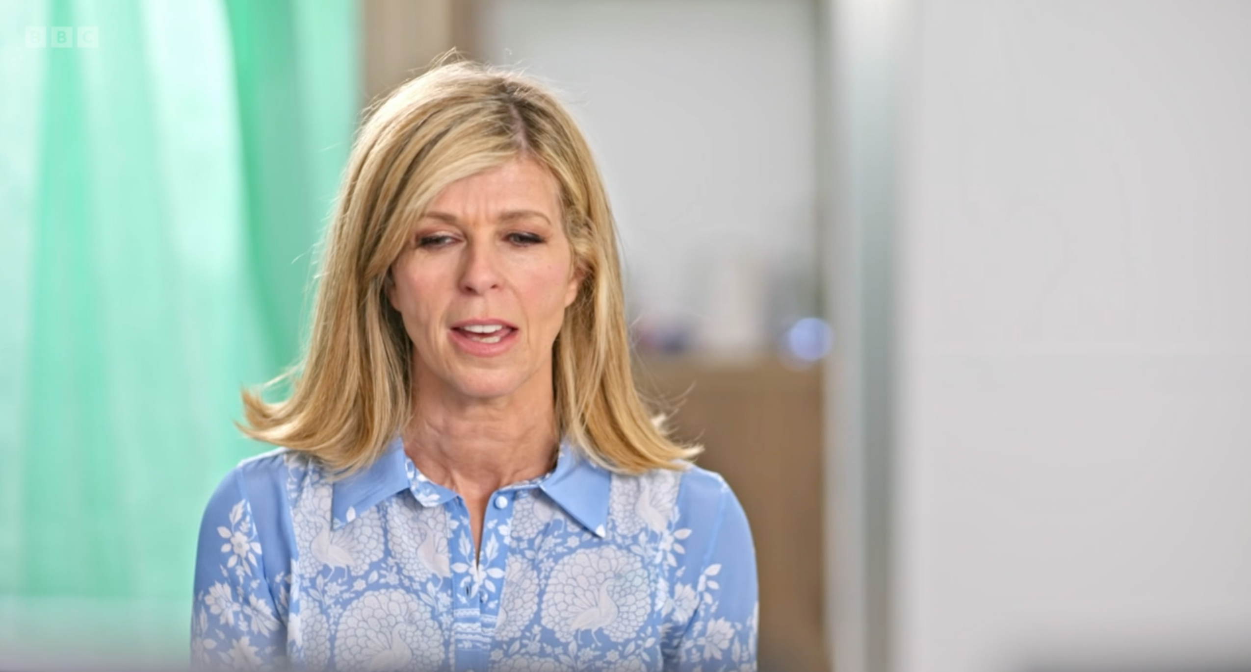 Kate Garraway wearing blue looking sad