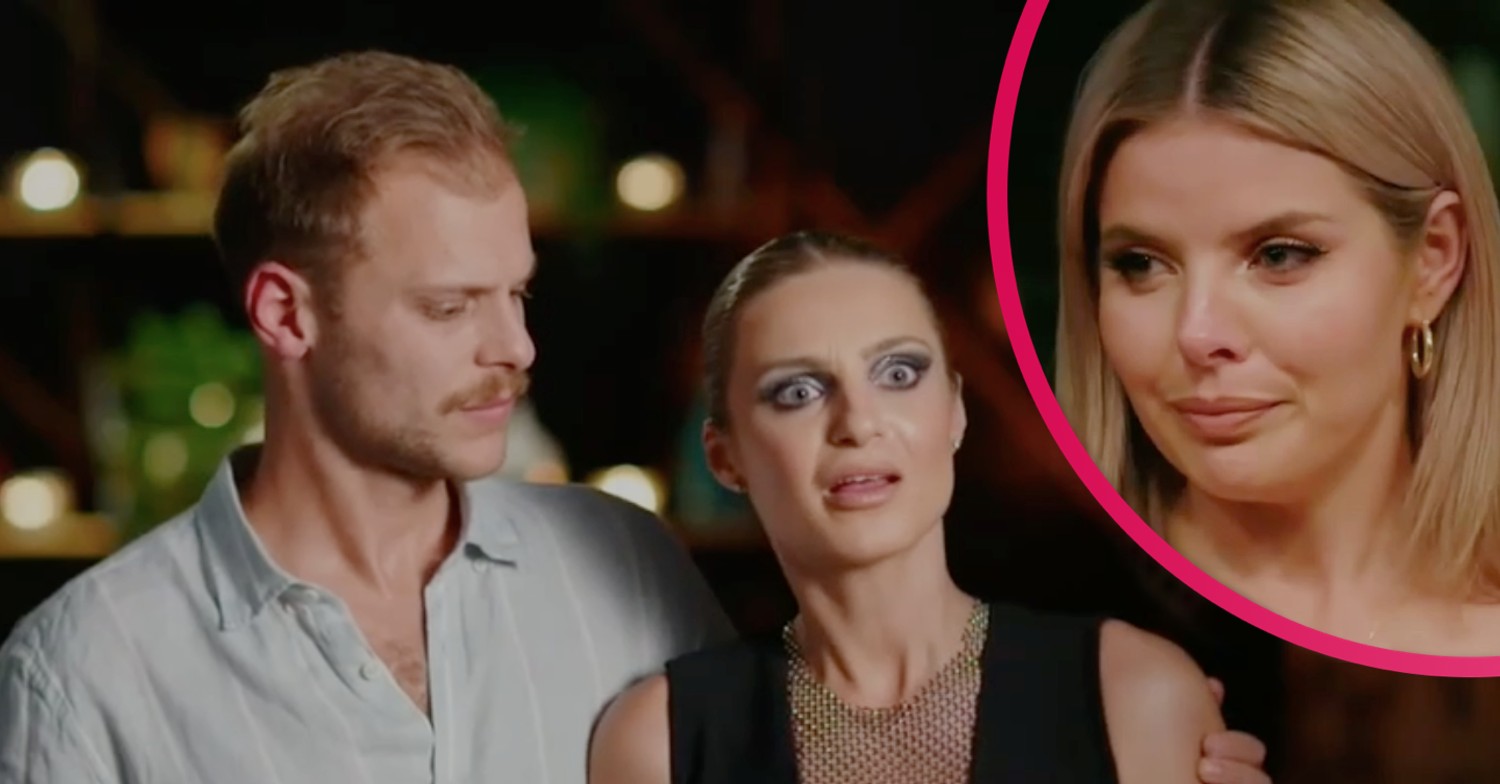 Olivia smirking and Domenica looking shocked on Married At First Sight Australia