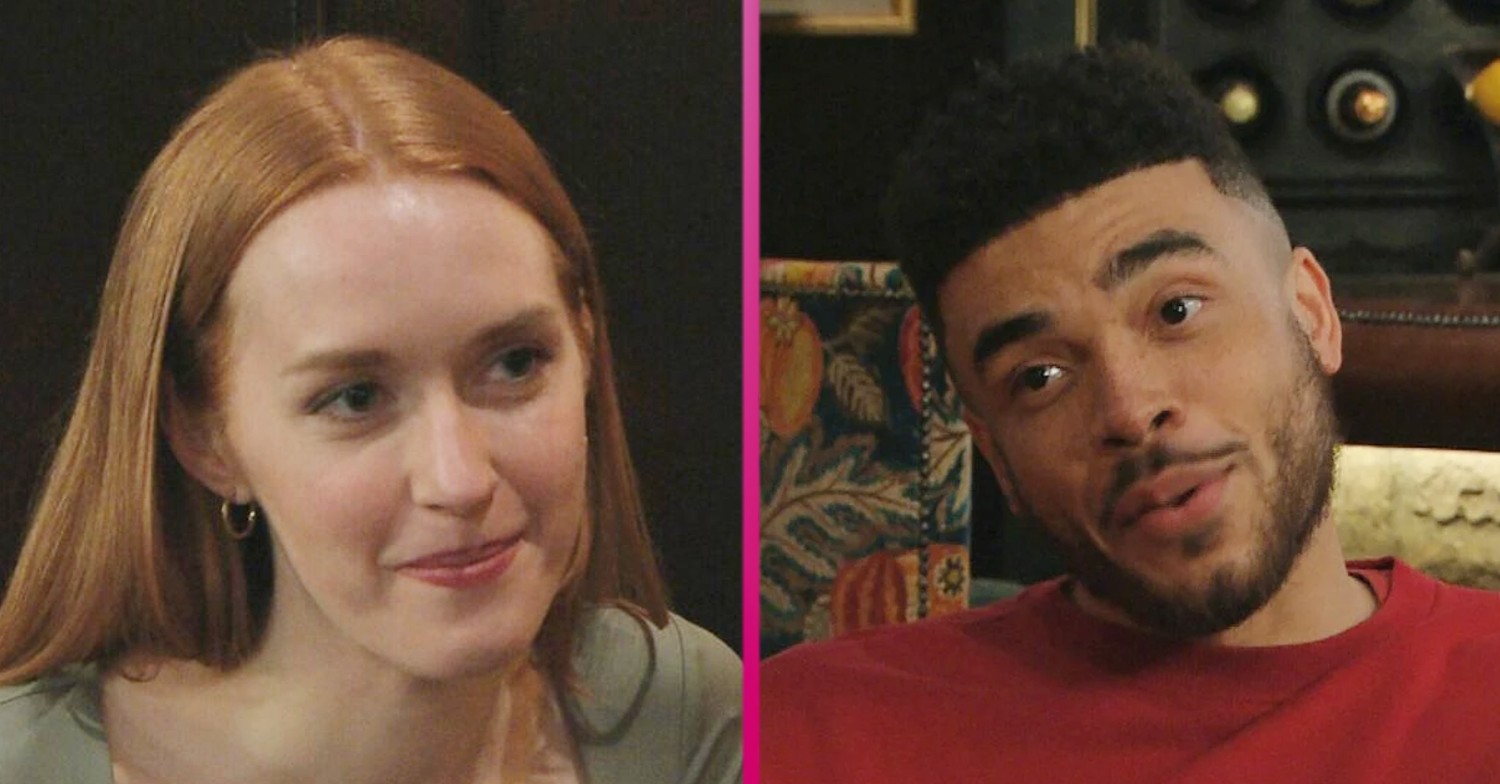 Emmerdale characters Chloe Harris and Nate Robinson flirt
