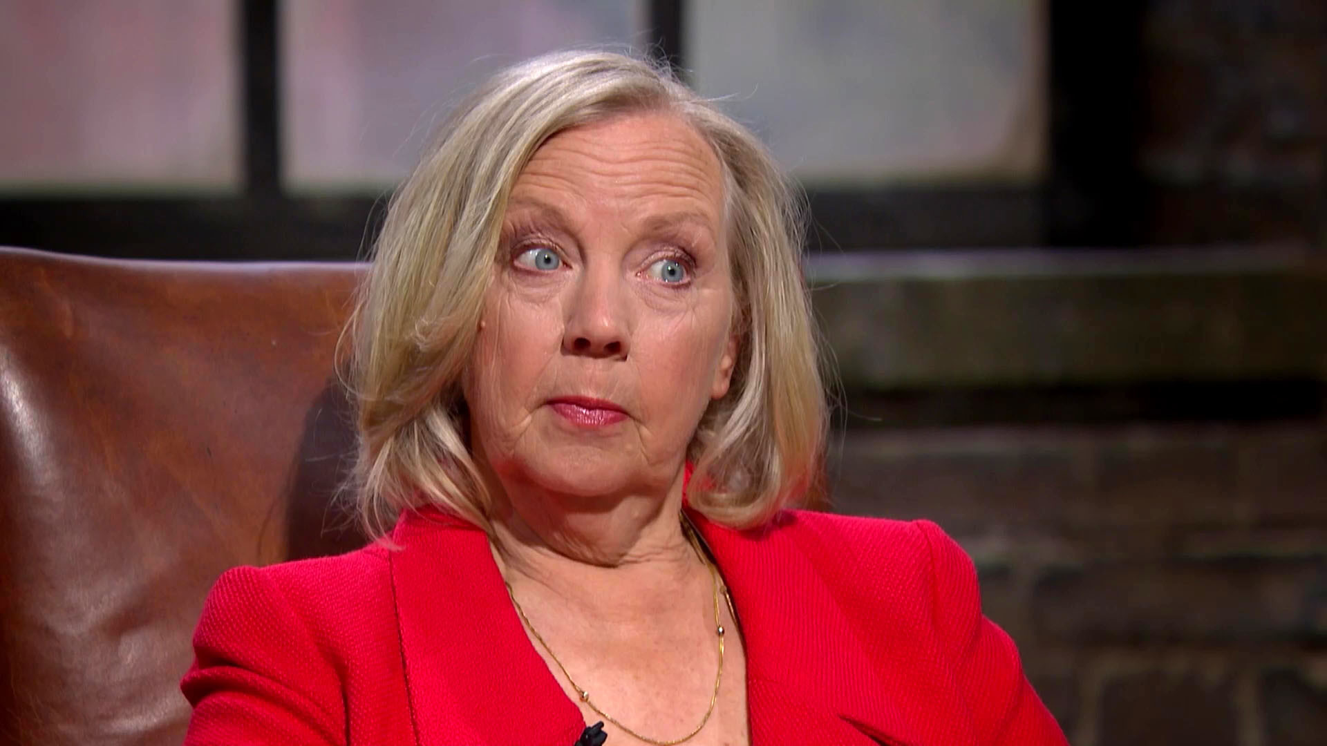 Deborah Meaden listens with curiosity to a pitch on Dragons' Den