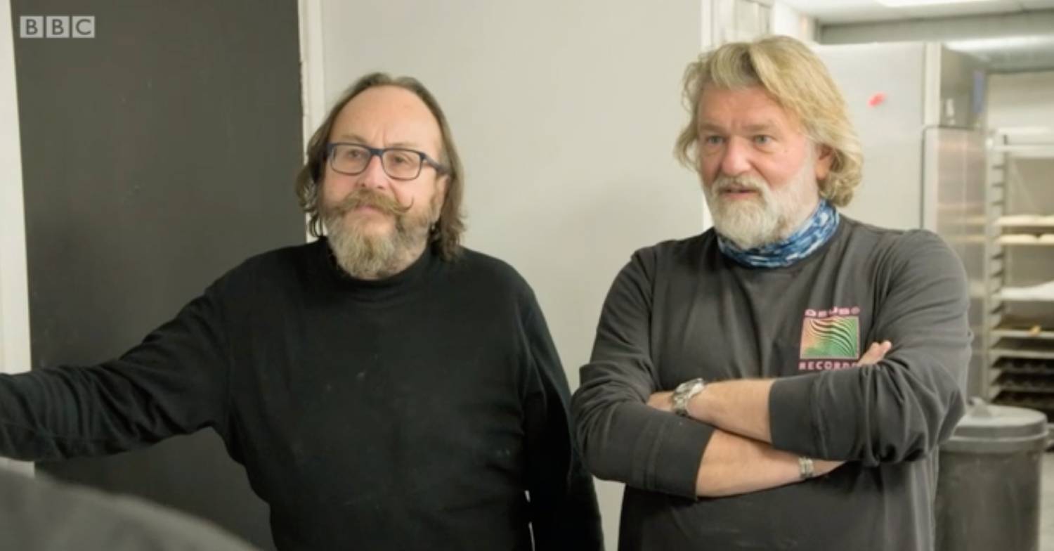 The Hairy Bikers talking to camera looking straight faced