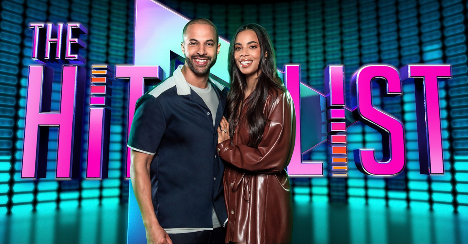 Marvin Humes and wife Rochelle pose on set of The Hit List