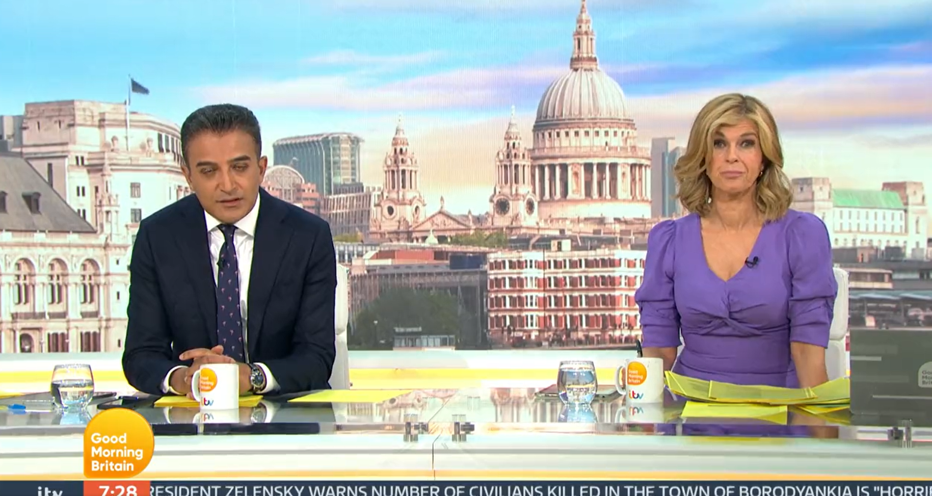 Adil Ray and Kate Garraway, in purple dress, on GMB today April 8, 2022