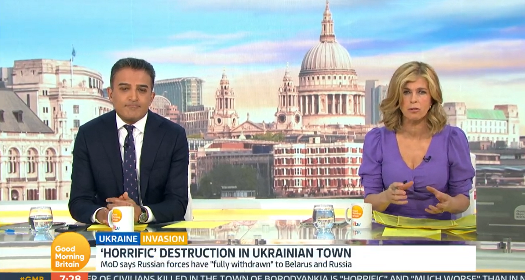 Adil Ray and Kate Garraway, in purple dress, on GMB today April 8, 2022