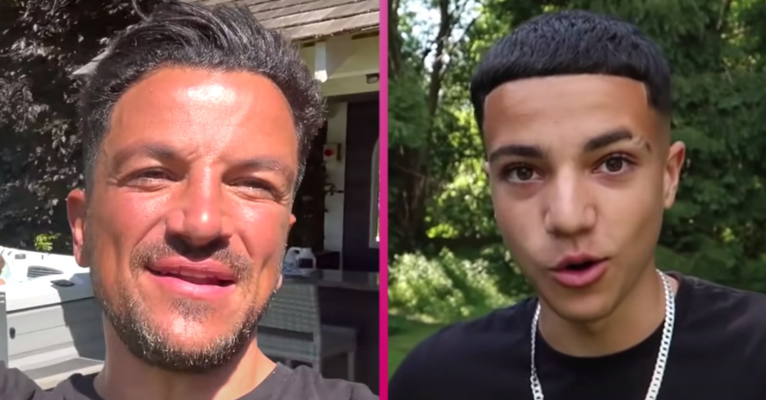 Peter Andre talks to camera alongside son Junior, also talking to the camera
