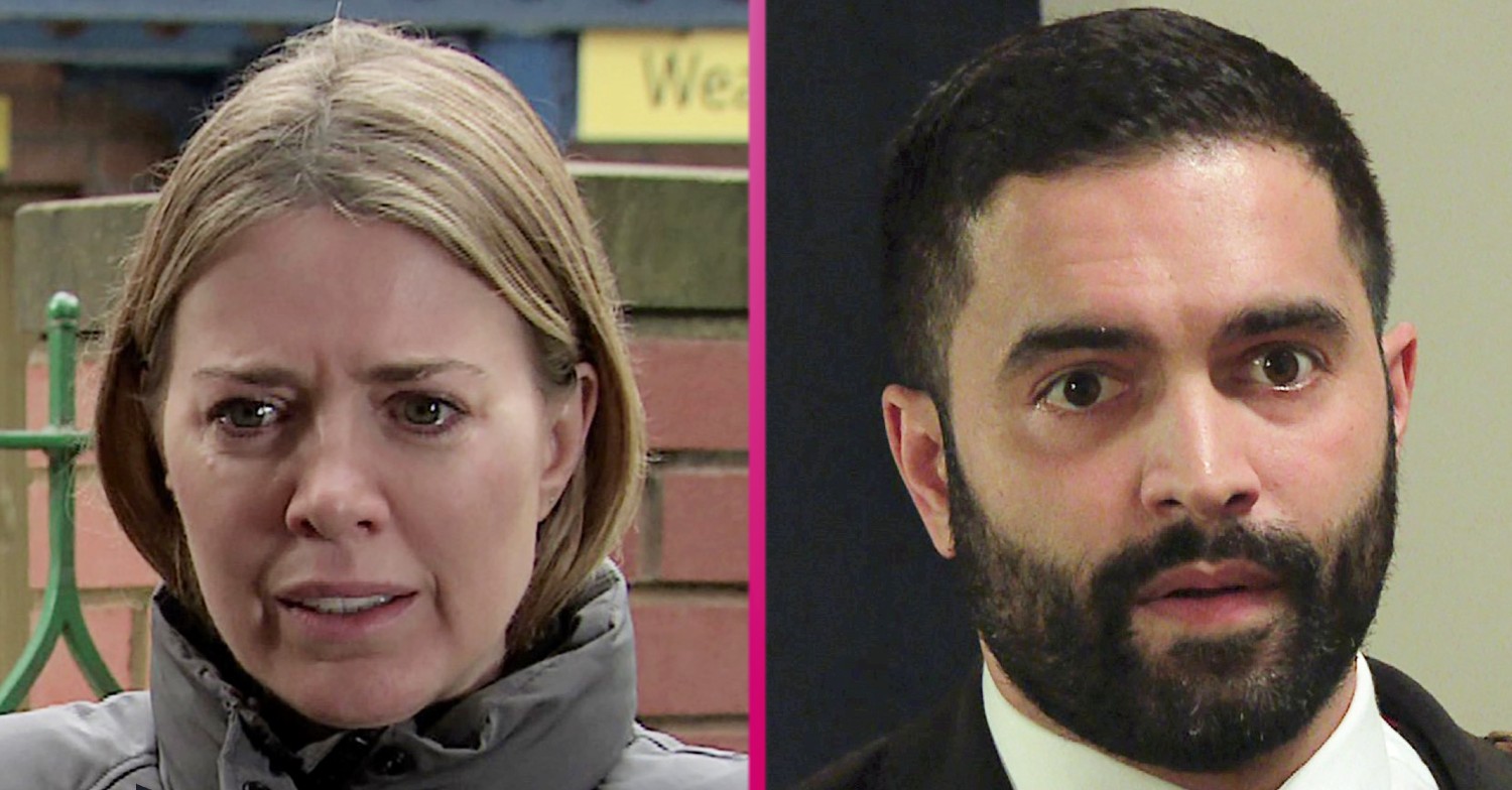 Abi looking concerned and Imran looking shocked in Coronation Street