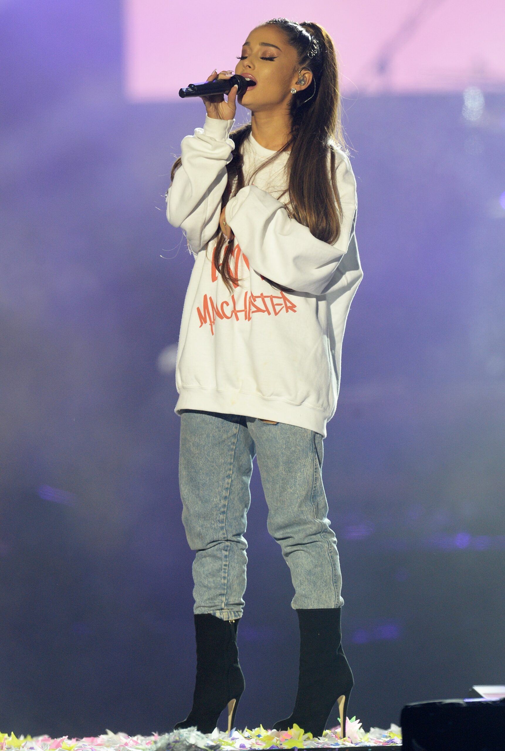 Ariana Grande singing during the One Love Manchester Benefit Concert