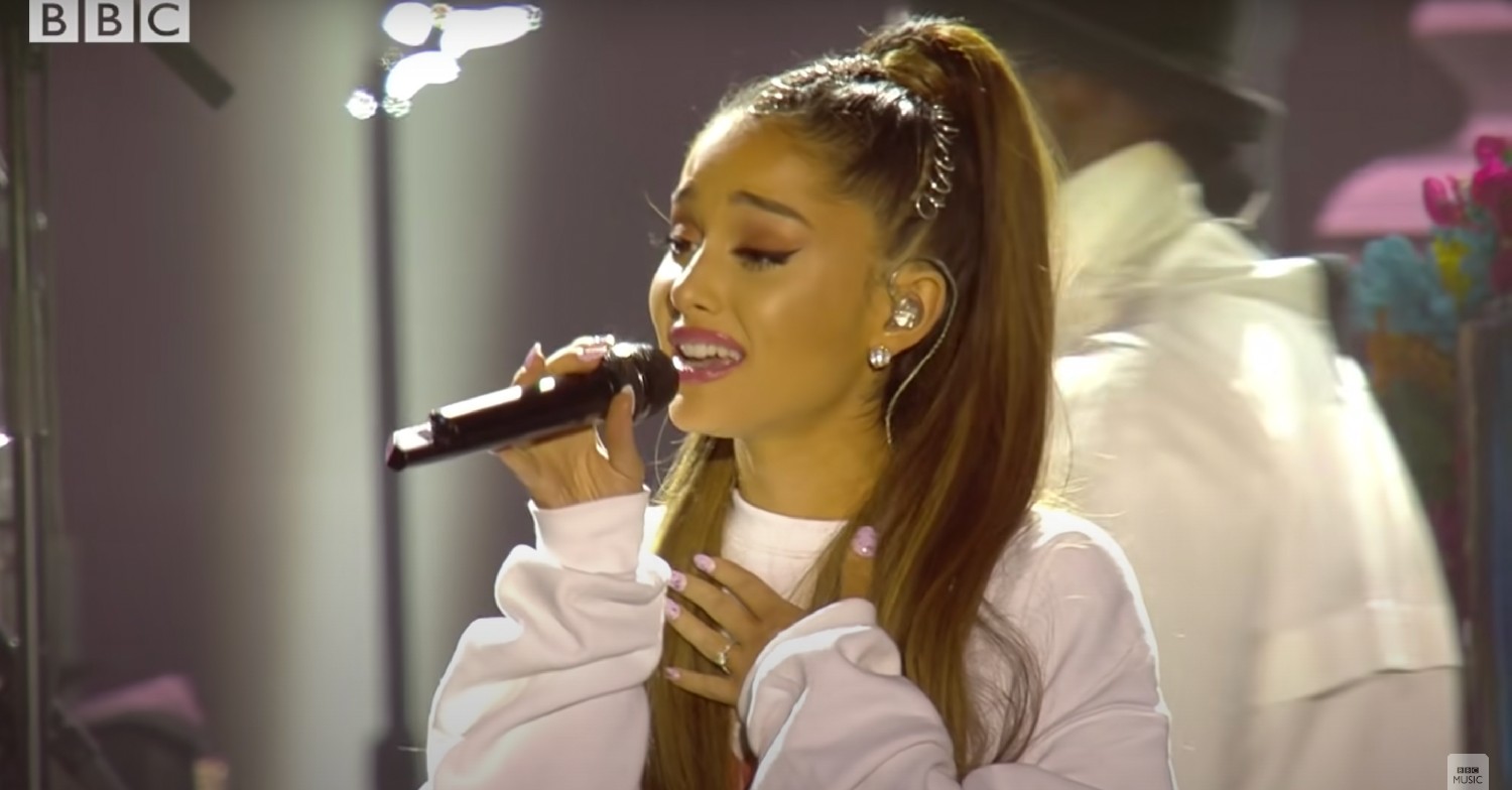 Ariana Grande singing at the One Love concert 