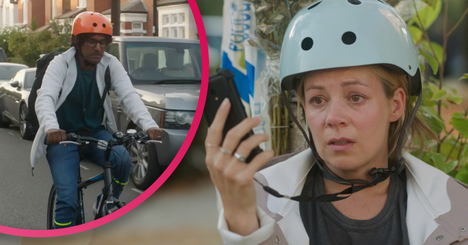 Rose looking sad on BBC drama The Split and James on his bike