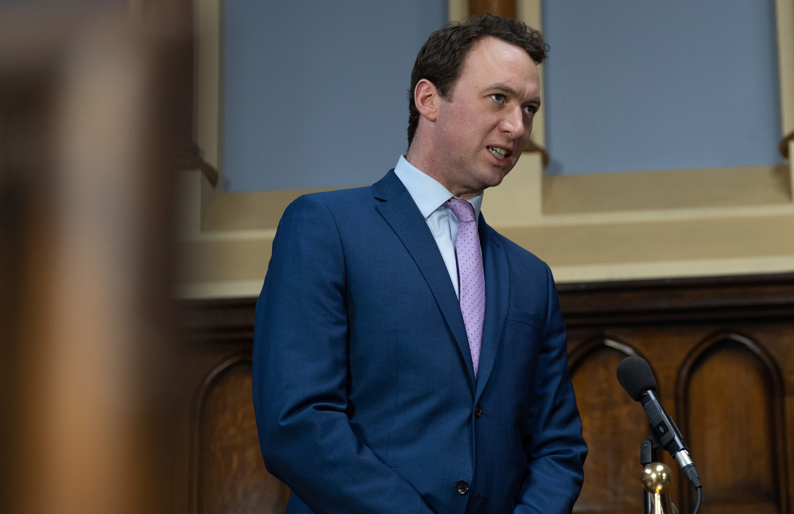 Liam looking angry in court in Emmerdale (Credit: ITV)