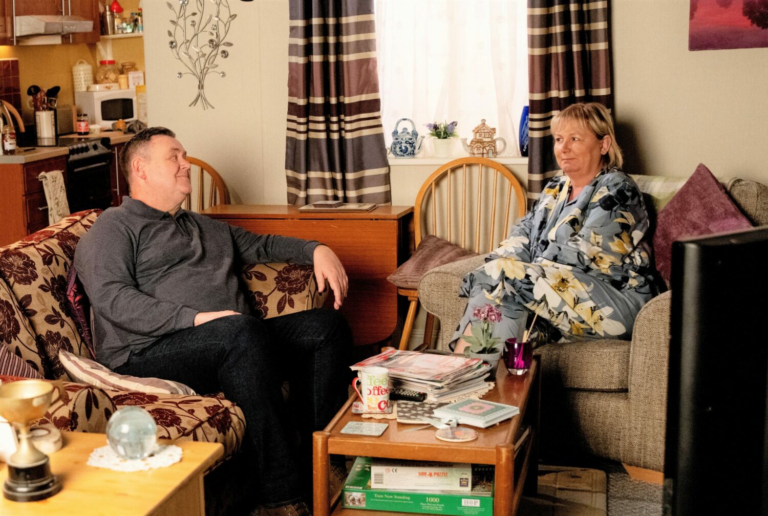 Coronation Street Eileen and Geroge in liviung room having spent the night