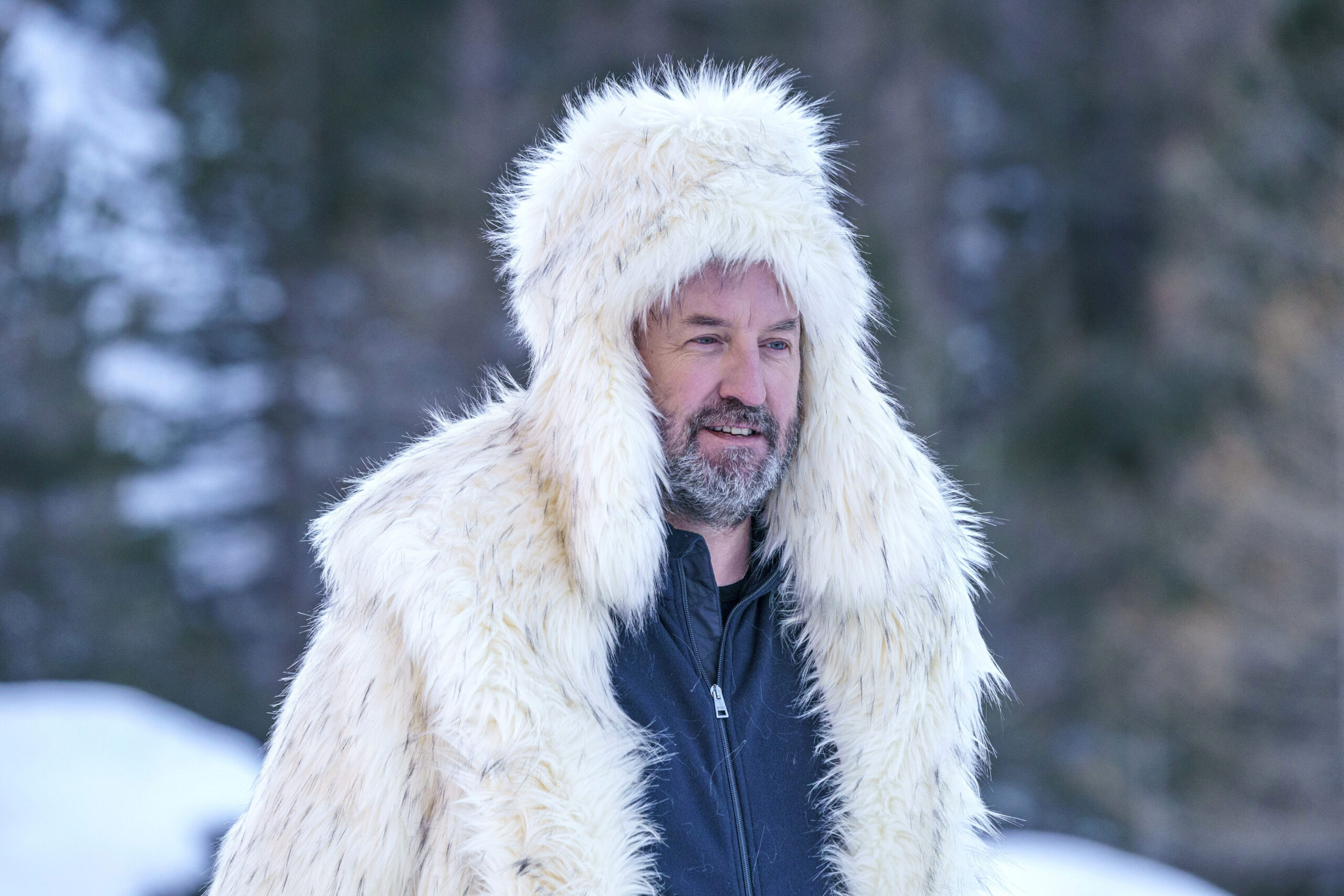 Lee Mack dressed in faux fur on Freeze The Fear