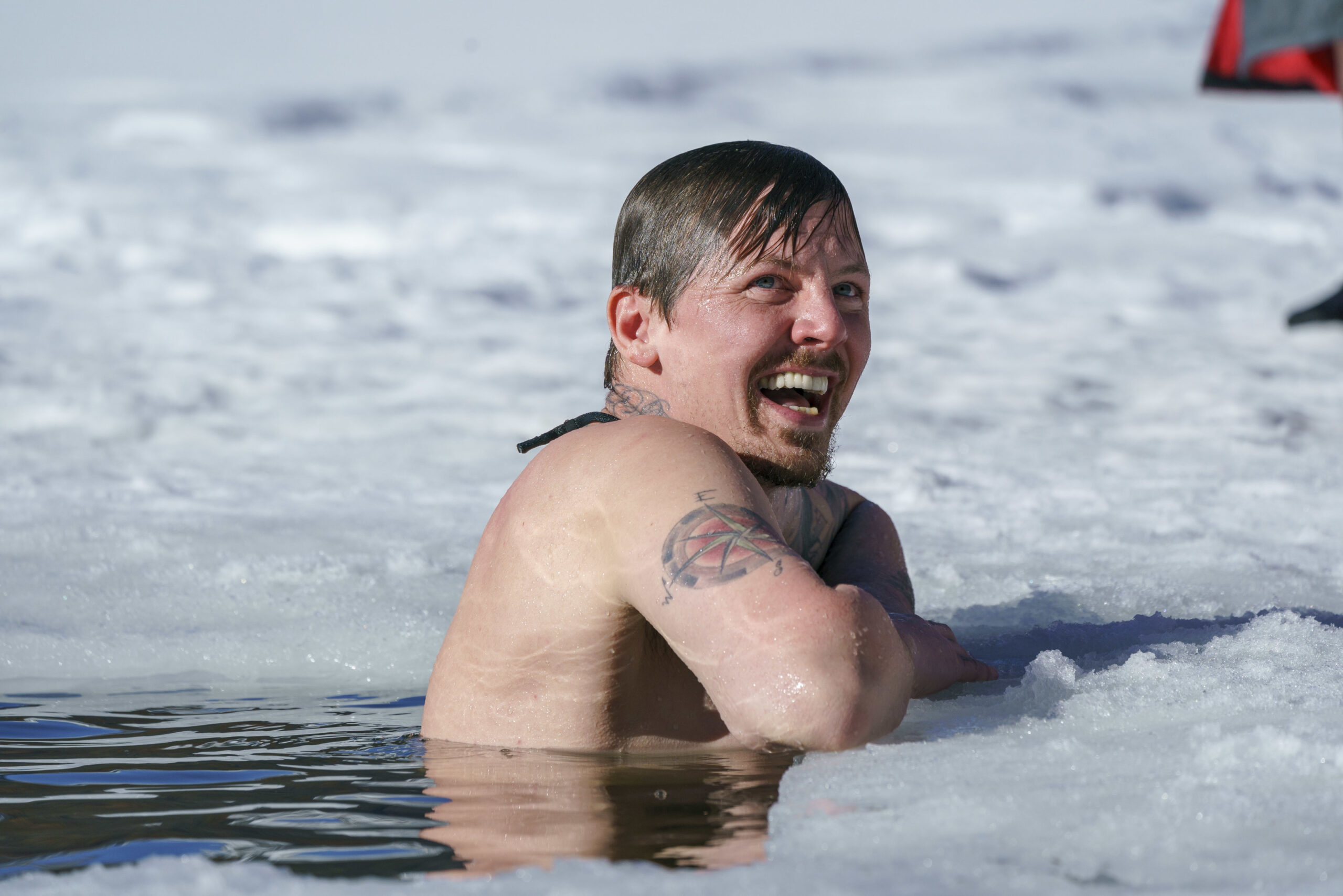 Professor Greene looks elated during a session in the icy waters on Freeze The Fear