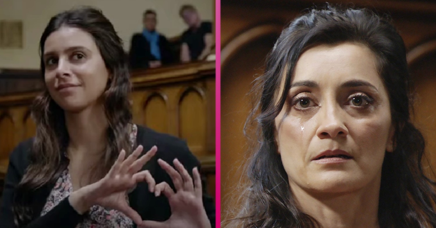 Meena holding a heart and Manpreet in tears in court Emmerdale