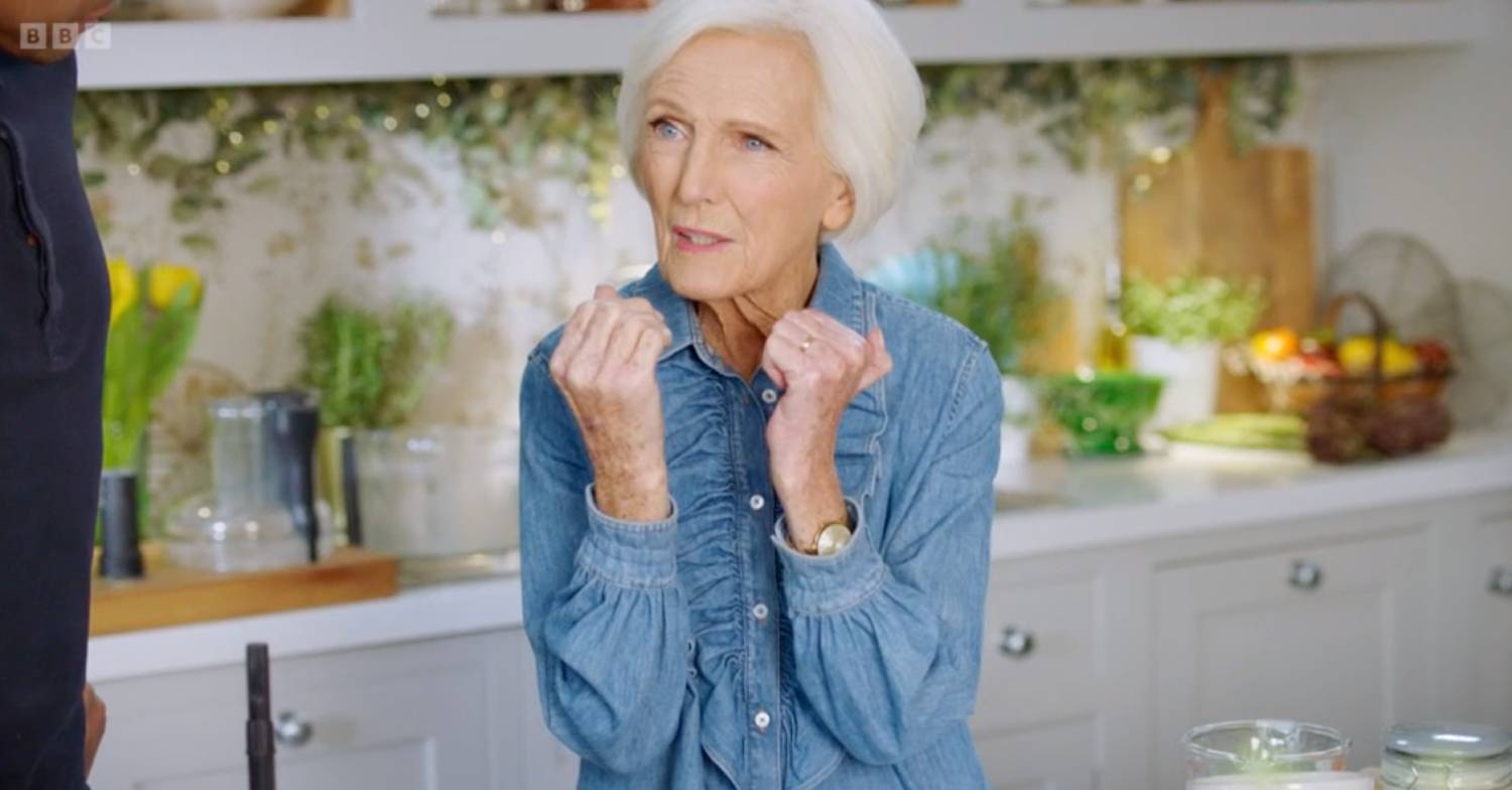 Mary Berry gets baking on Fantastic Feasts wearing an on-trend denim shirt