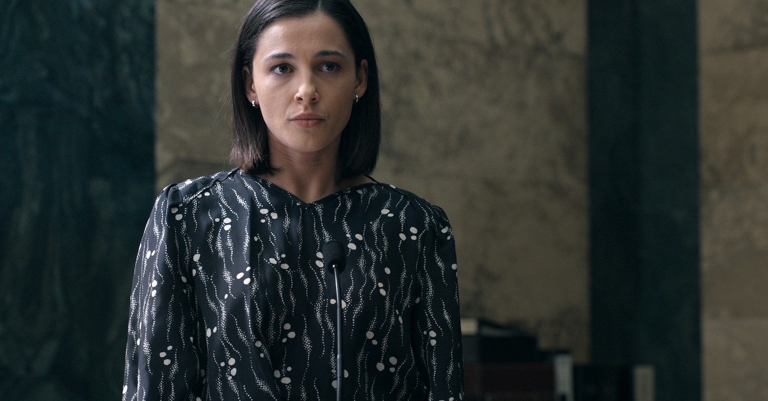 Olivia looking cross in Anatomy of a Scandal on Netflix