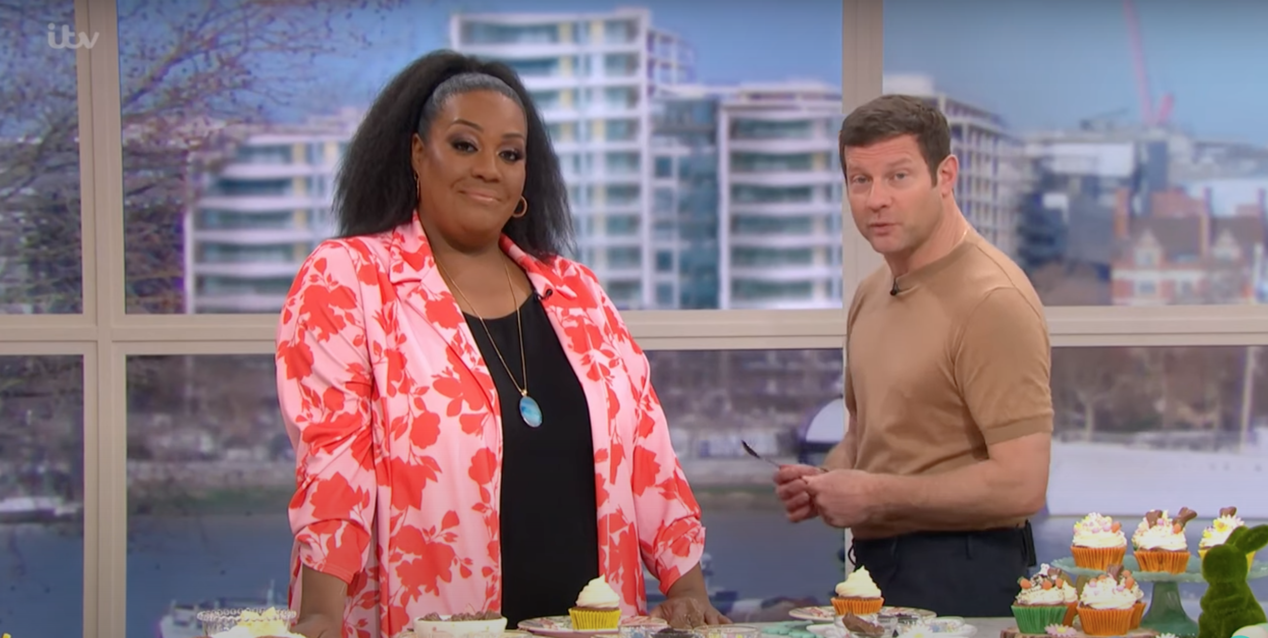 Alison Hammond in a coral top on This Morning with Dermot O'Leary