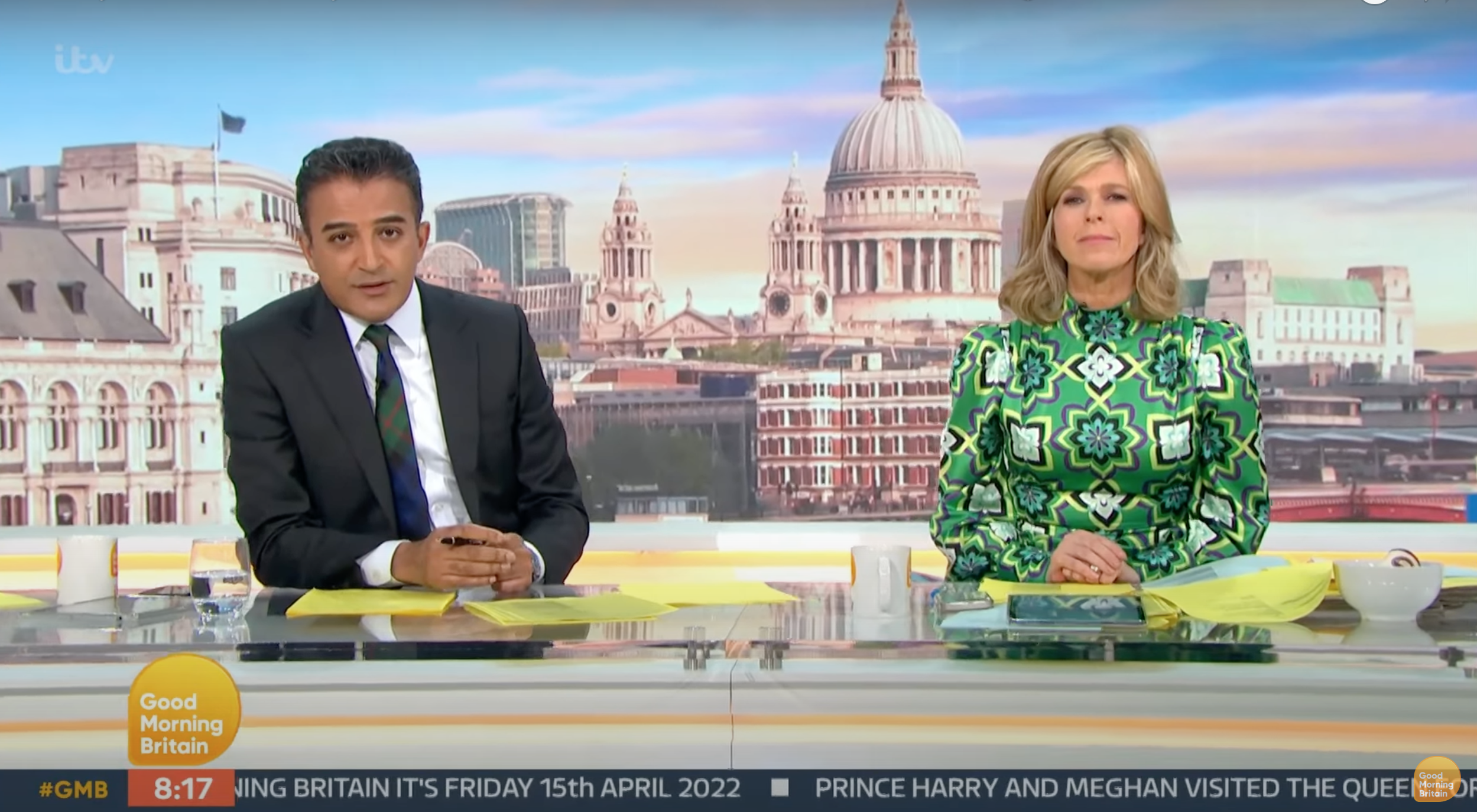 Kate Garraway on GMB wearing a green dress with Adil Ray in a suit