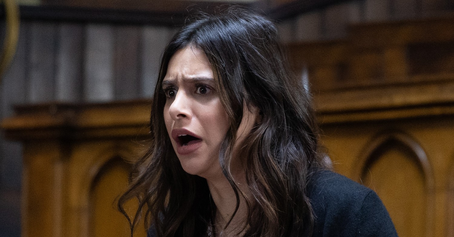 Meena in Emmerdale looking horrified in the dock (Credit: ITV)