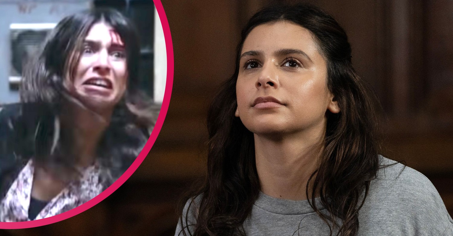 Emmerdale's Meena in two headshots comp - in one she grins, in the second she scowls