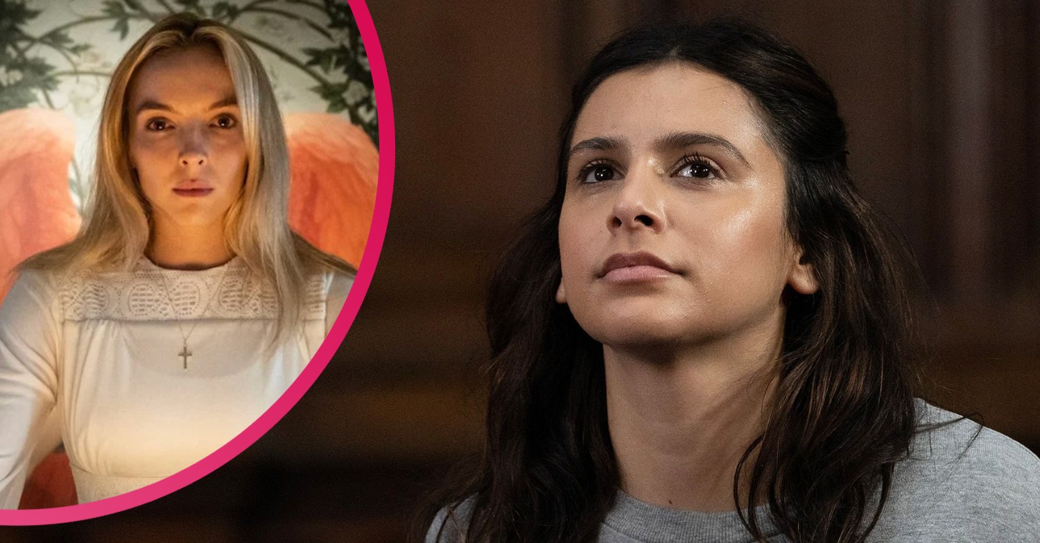 Meena from Emmerdale smirking and Killing Eva's Villanelle looking sinister in a comp image