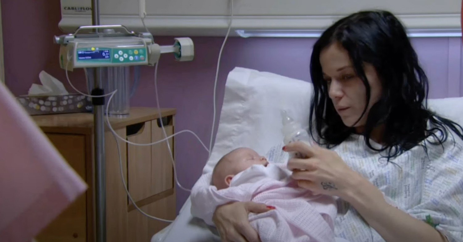 Hayley Slater (Katie Javis) in hospital with newborn baby
