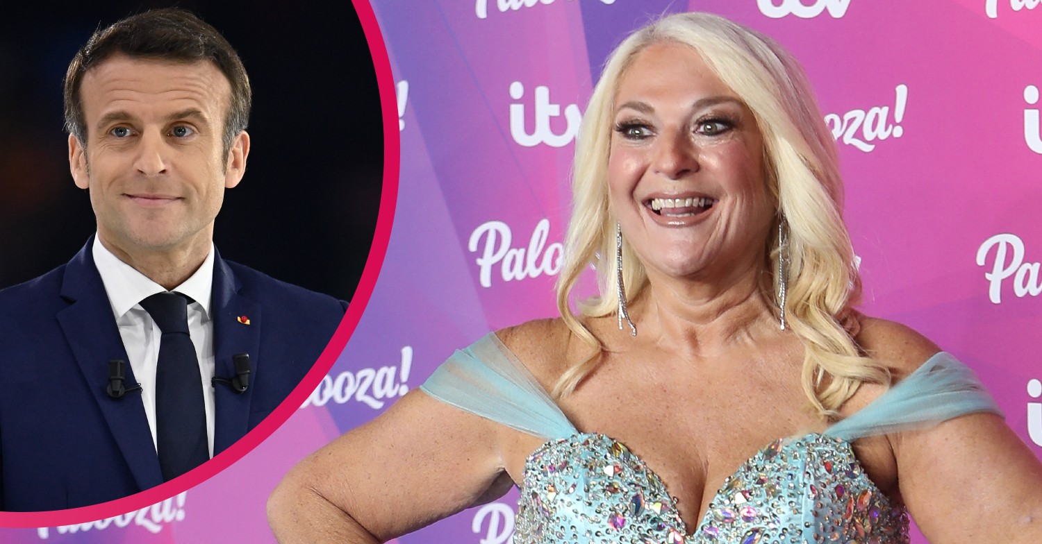 Vanessa Feltz smiling at ITV Palooza, President Macron in suit