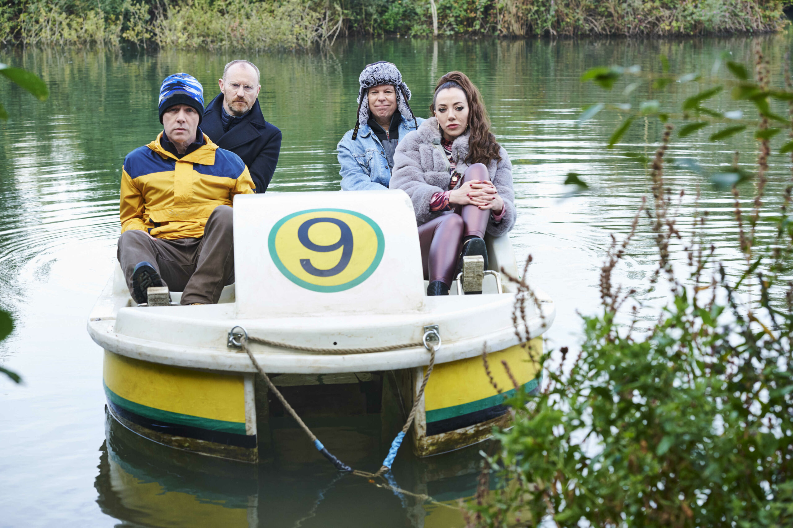 The cast of Inside No 9 series 7 episode 1 in a boat