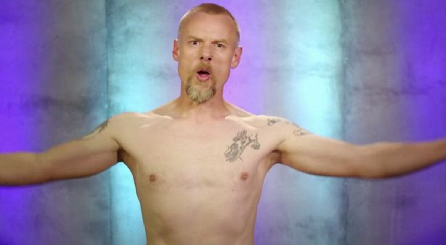 naked attraction contestant with his top off