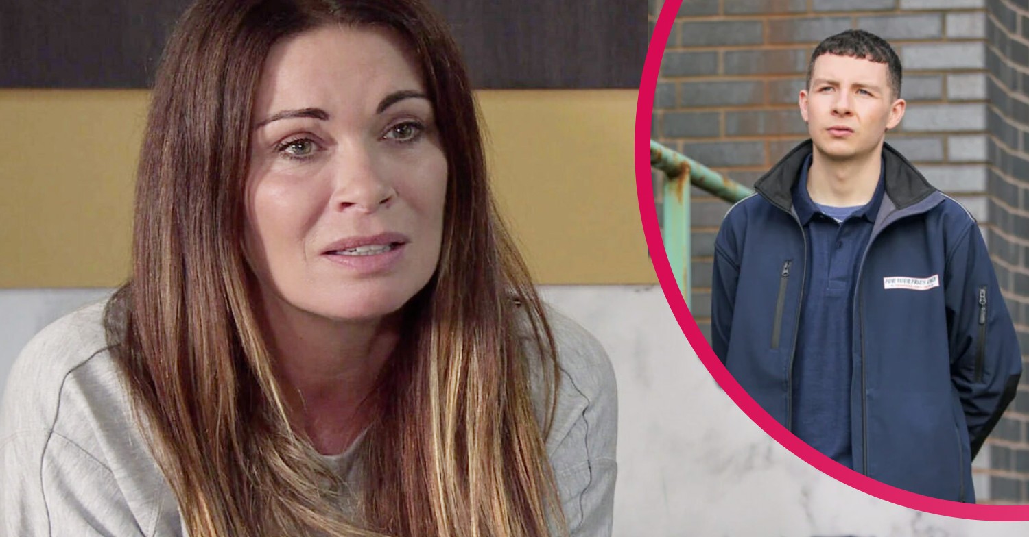 Carla Connor looking worried Jacob drop in Corri