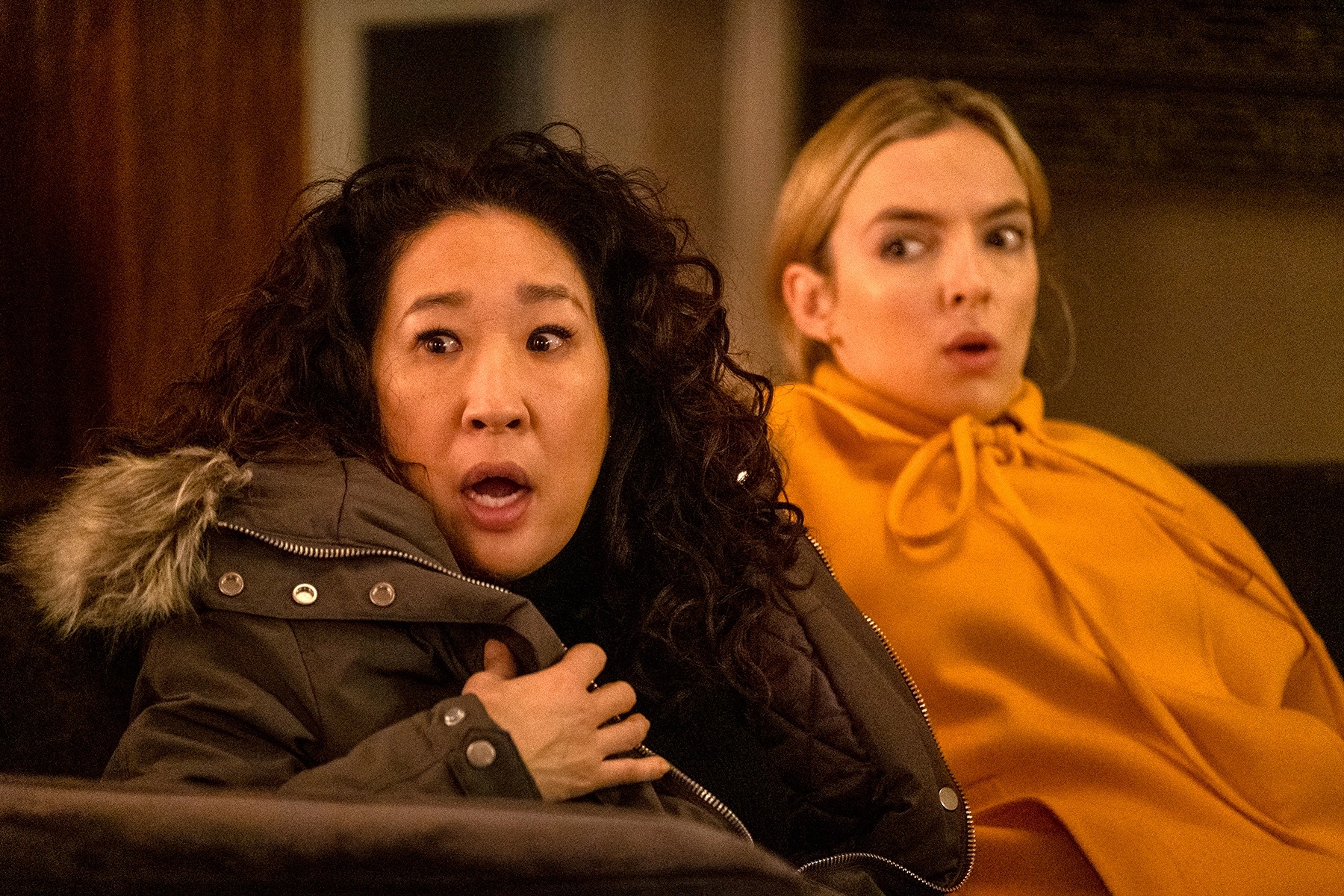 Eve and Villanelle looking shocked in Killing Eve