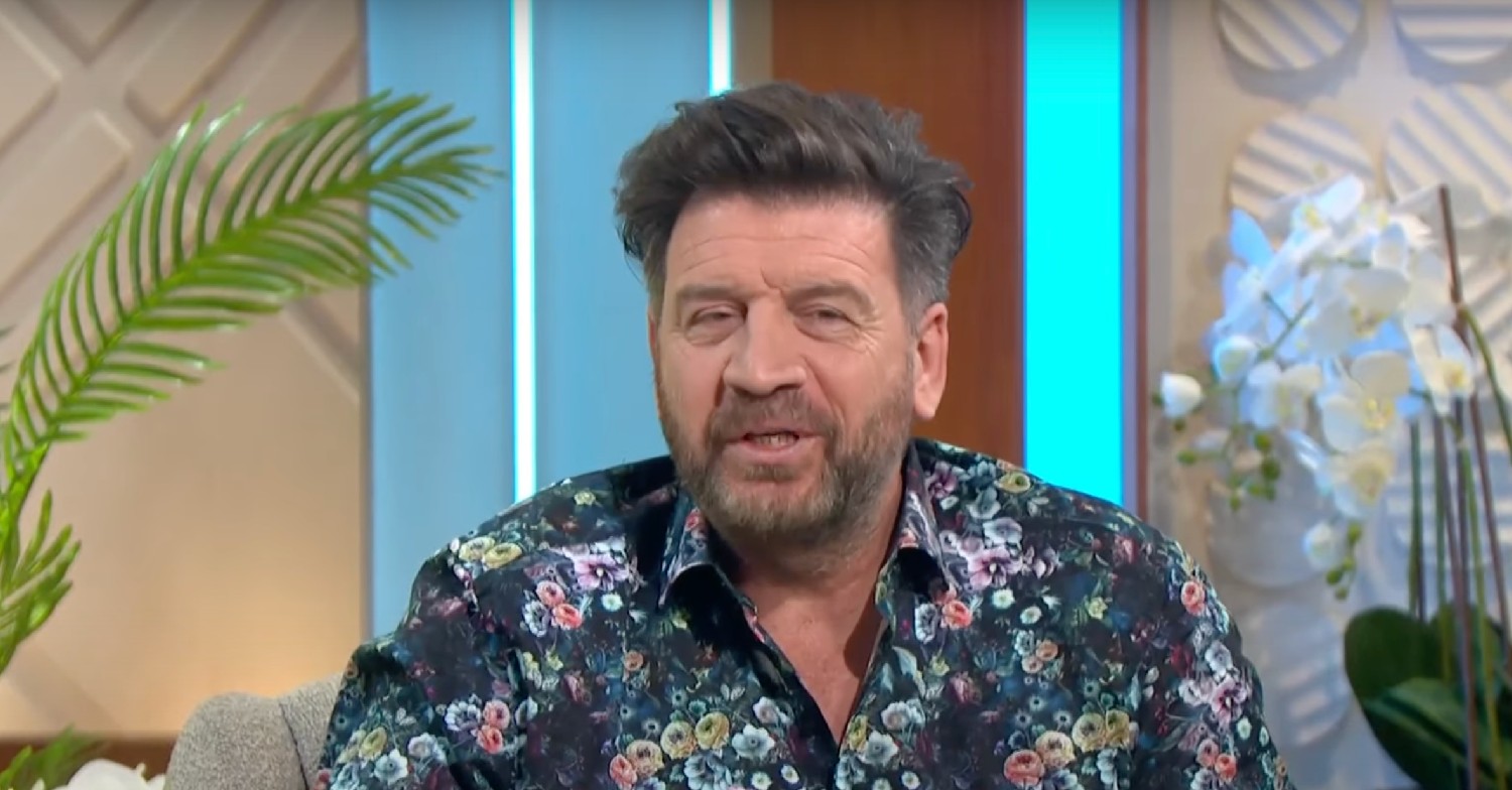 Nick Knowles speaking in floral shirt on Lorraine