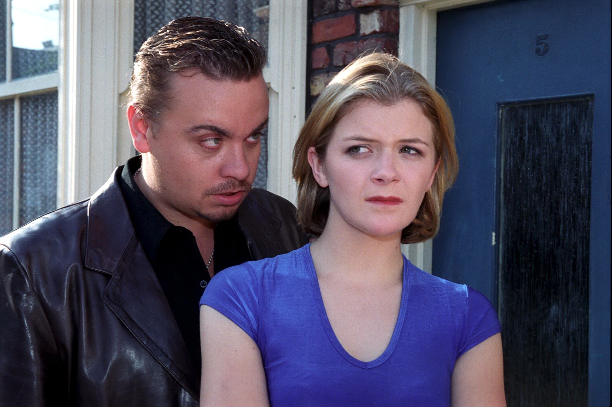 Jez Quigley looks menacingly at Leanne Battersby in Coronation Street