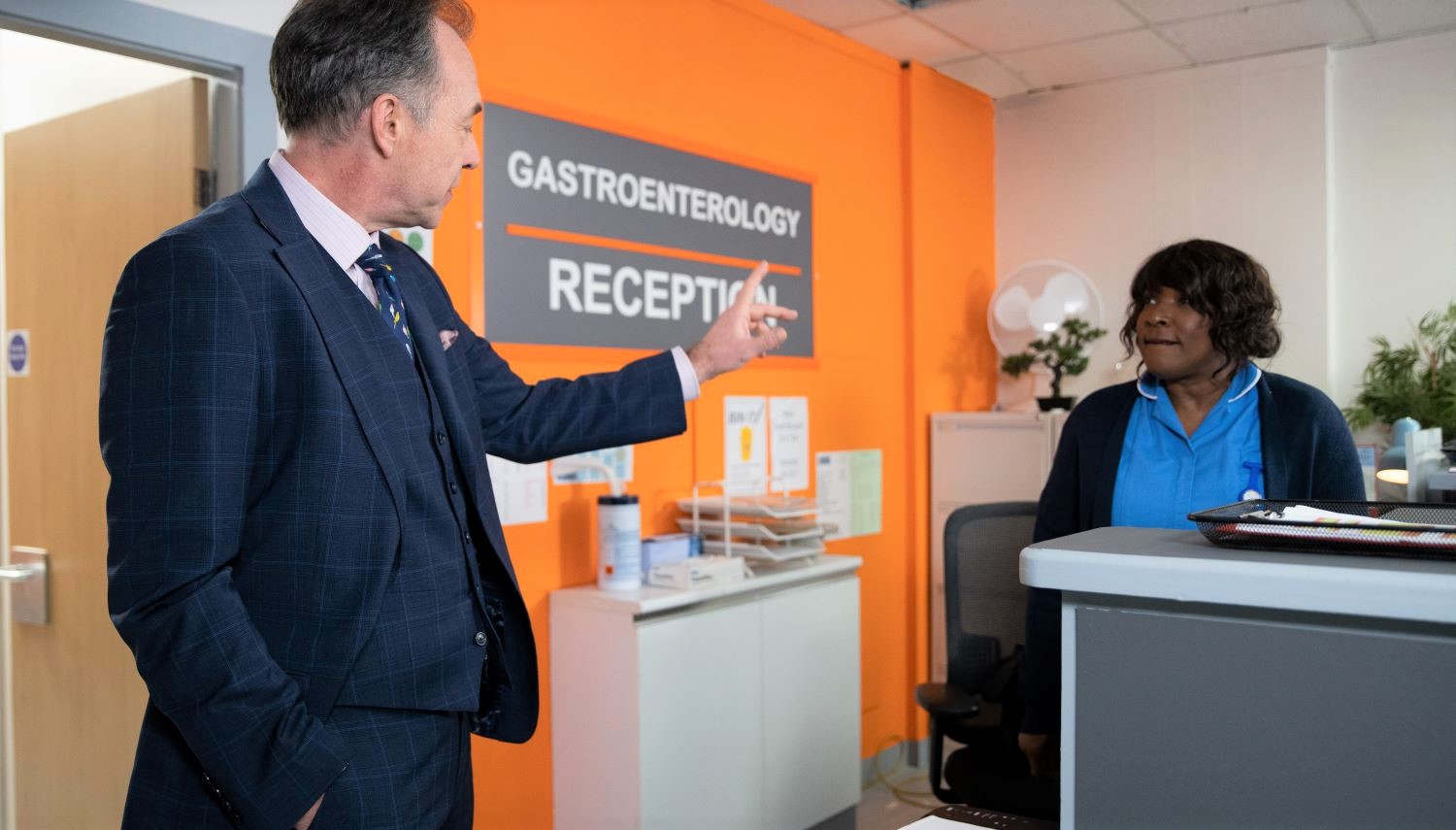 Coronation Street Mr Thorne points his finger at Aggie as she looks