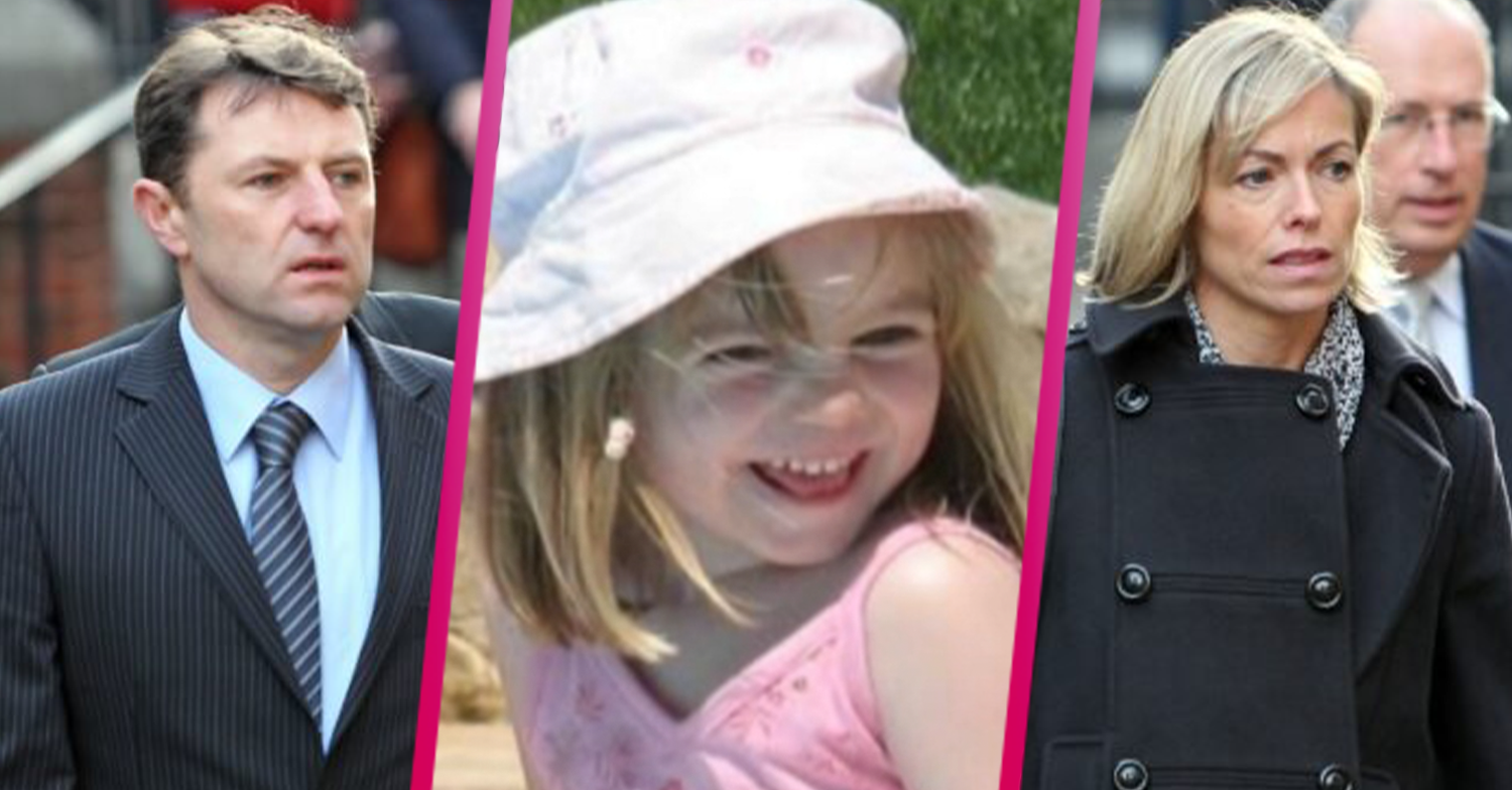 Kate and Gerry McCann looking sad and Maddie smiling