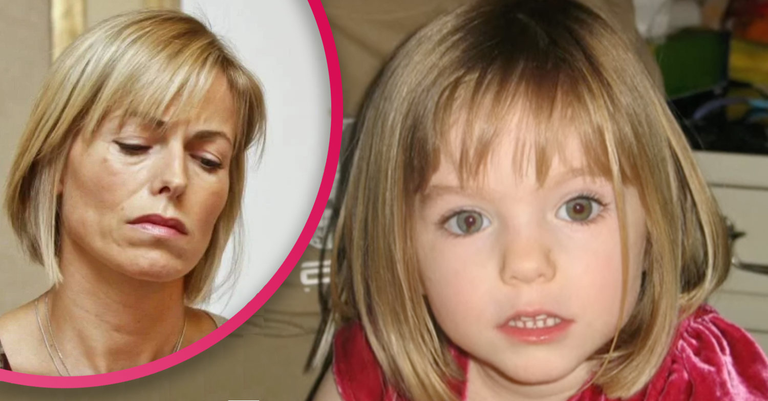 Madeleine McCann wearing a pink dress and her sad mum