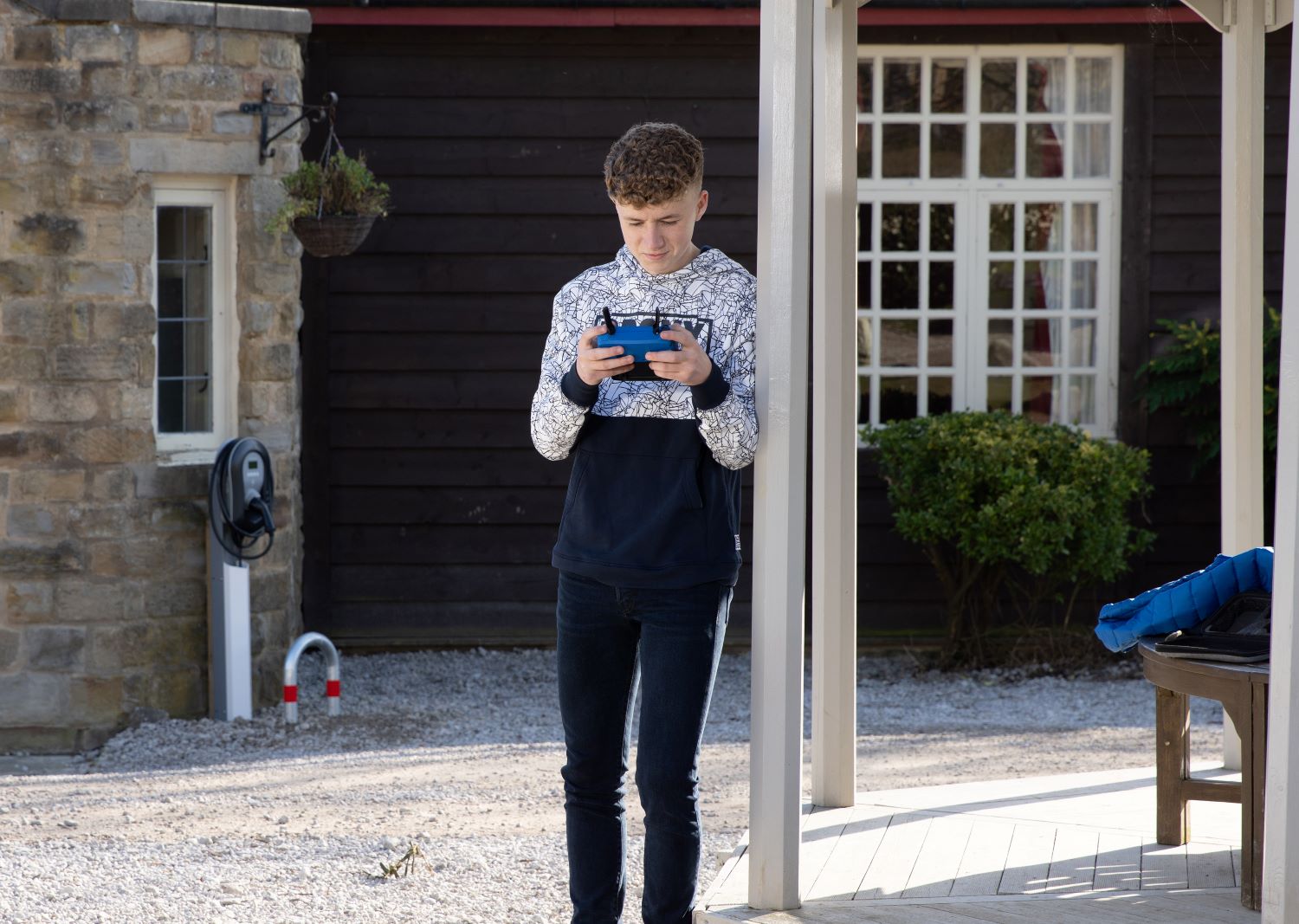 Noah flying his drone in Emmerdale
