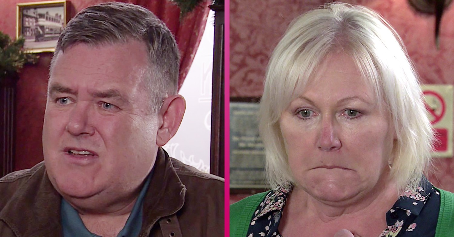 George looking worried and Eileen looking shocked in Emmerdale