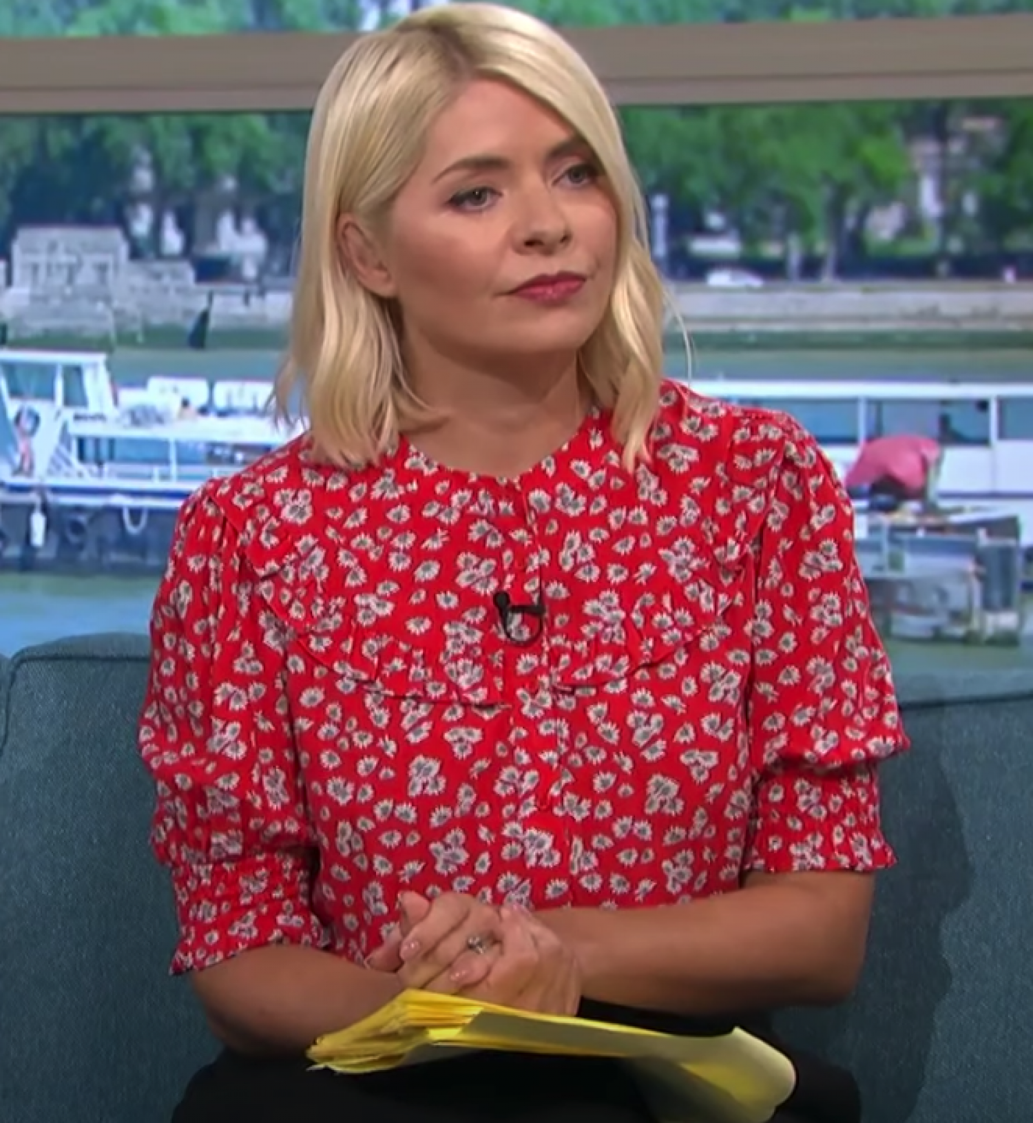 Holly Willoughby in red blouse on This Morning 25 April 2022